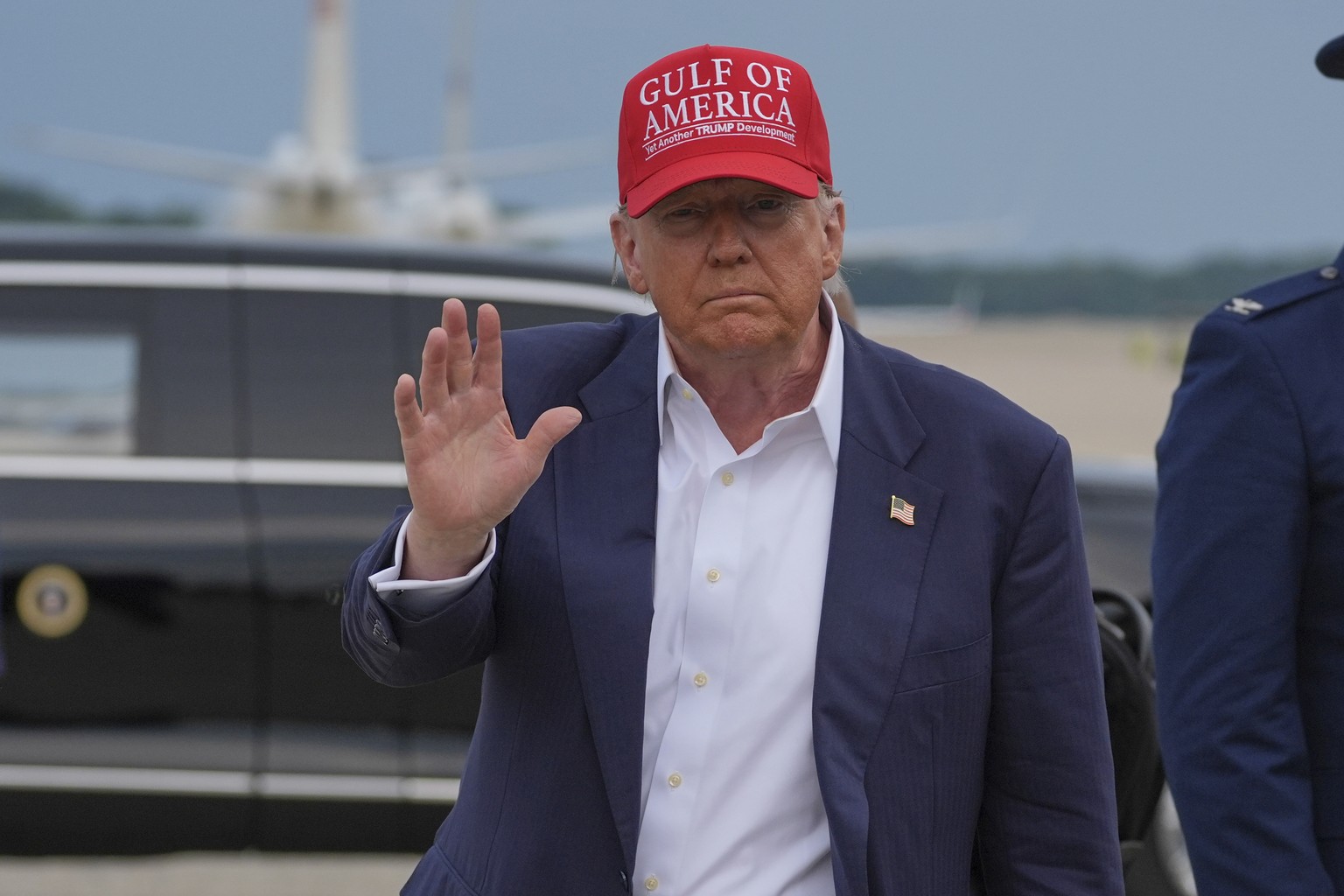 President Donald Trump waves as he arrives at Joint Base Andrews, Md., after visiting a migrant detention center in Ochopee, Fla., Tuesday, July 1, 2025. (AP Photo/Evan Vucci)
Donald Trump