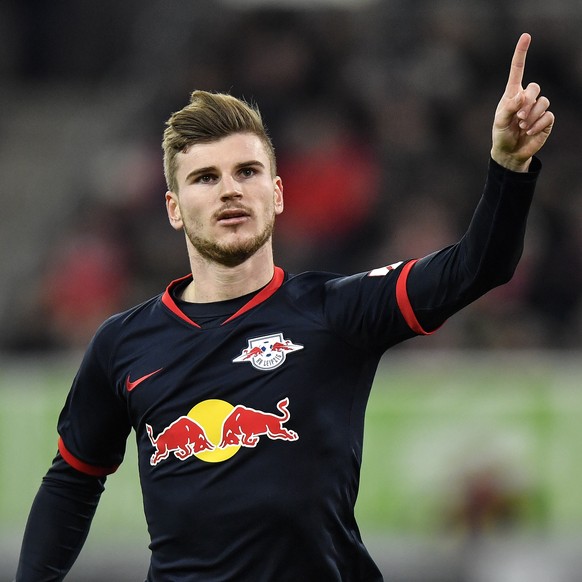 Leipzig's Timo Werner celebrates after scoring a penalty during the German Bundesliga soccer match between Fortuna Duesseldorf and RB Leipzig in Duesseldorf, Germany, Saturday, Dec. 14, 2019. (AP ...