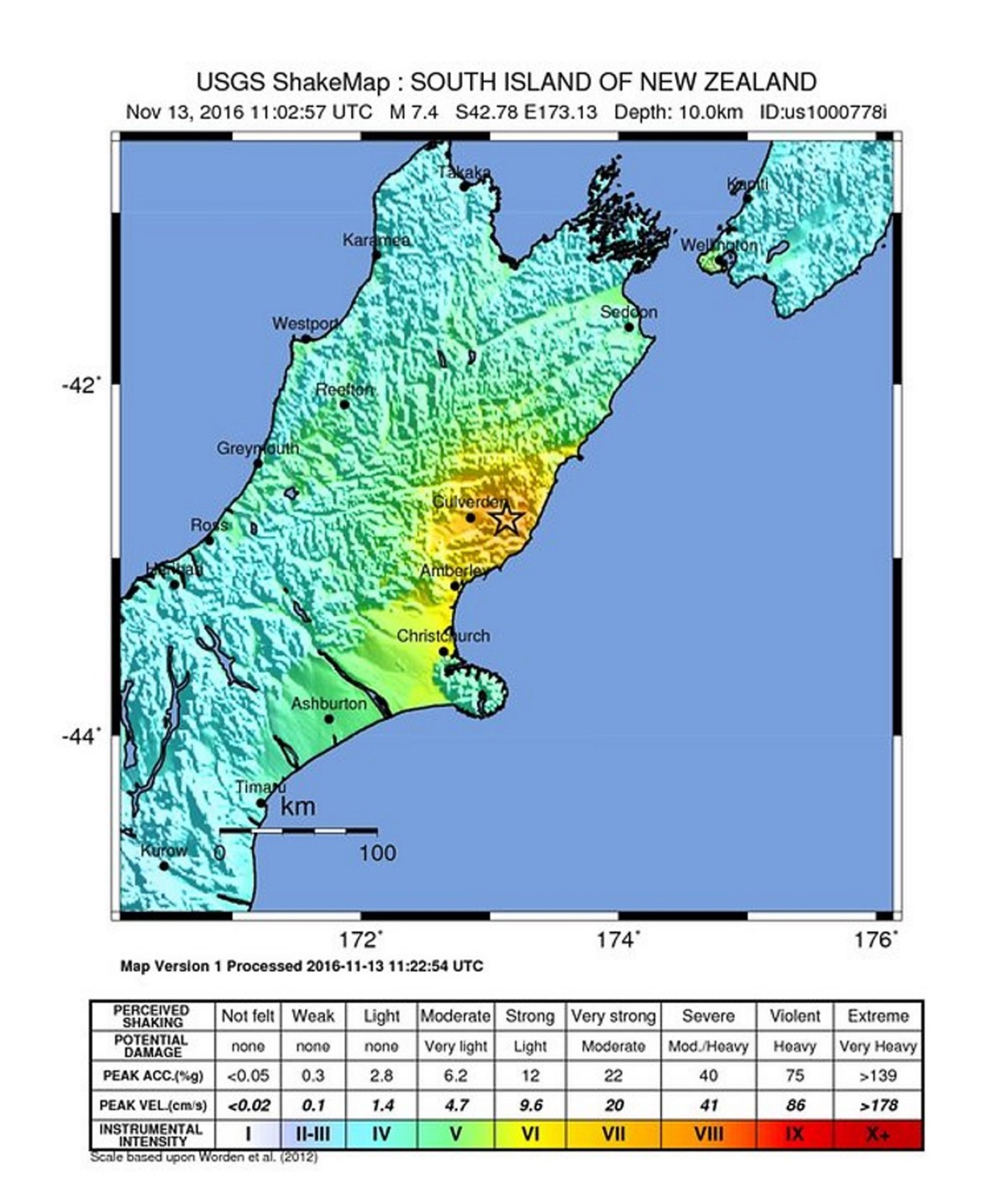 epa05629638 A handout shakemap released on 13 November 2016 by the US Geological Survey (USGS) shows the location (C, marked with star) of a 7.4 magnitude earthquake that struck New Zealand's Sou ...