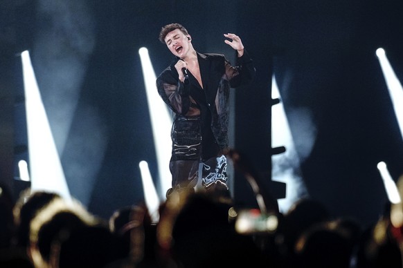 Remo Forrer of Switzerland performs during a dress rehearsel for the first semifinal at the Eurovision Song Contest at the M&amp;S Bank Arena in Liverpool, England, Monday, May 8, 2023. (AP Photo/Mart ...