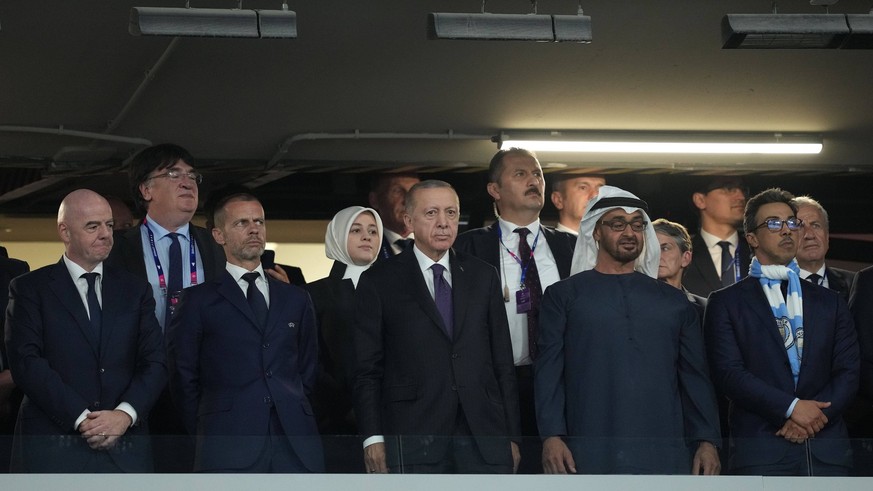Aleksander Ceferin, President of UEFA, Recep Tayyip Erdogan, President of Turkey, Sheikh Mansour, Owner of Manchester City and the City Football Group, and Khaldoon Al Mubarak, Chairman of Manchester  ...