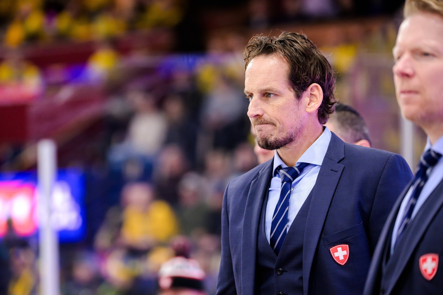 240210 Head coach Patrick Fischer of Switzerland during the Beijer Hockey Games between Sweden and Switzerland on February 10, 2024 in Karlstad. Photo: Fredrik Karlsson / BILDBYRAN / COP 185 / FK0279  ...