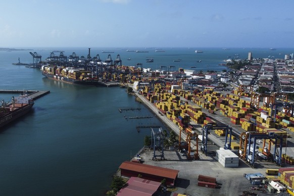 epa11853434 Aerial view of the Port of Cristobal in Colon, Panama, 24 January 2025 (Issued 25 January 2025). Panama's five main ports are in the adjacent areas of the interoceanic canal, which US ...