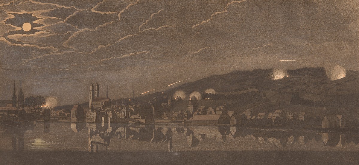 Am 10. und 13. September 1802 kommt es zur Bombardierung Zürichs durch helvetische Truppen. Doch die Geschosse zeigen keine Wirkung.
https://permalink.nationalmuseum.ch/100122430