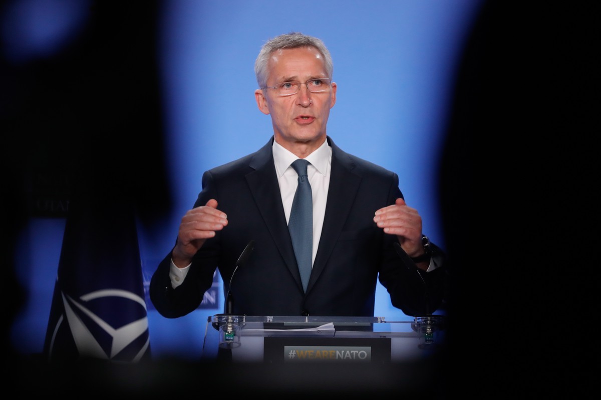 epa09641571 NATO Secretary General Jens Stoltenberg attends a joint press conference with Azerbaijani President Aliyev ahead of a eastern partnership Council meeting at NATO headquarters in Brussels,  ...
