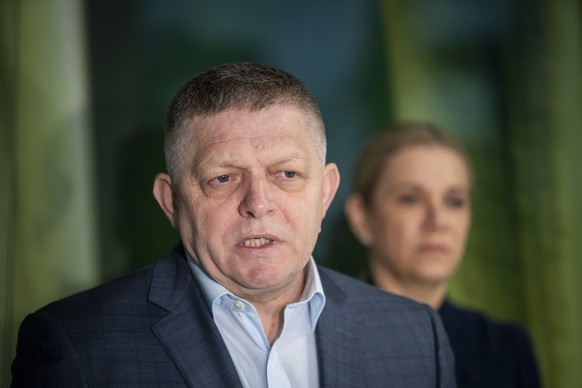epa12908677 (L-R) Slovak Prime Minister Robert Fico and Deputy Prime Minister and Minister for the Economy Denisa Sakova attend a press conference at the premises of oil transport company Transpetrol  ...