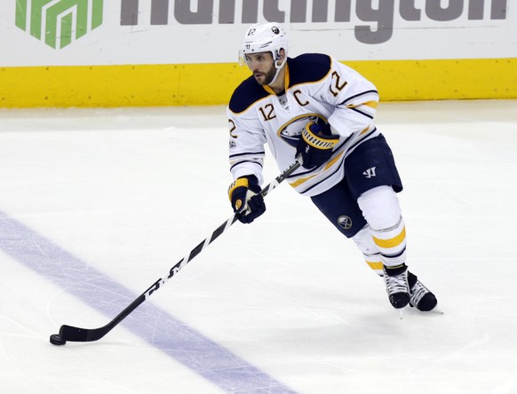 FILE- This March 28, 2017, file photo shows Buffalo Sabres forward Brian Gionta carrying the puck against the Columbus Blue Jackets during an NHL hockey game in Columbus, Ohio. For someone once consta ...
