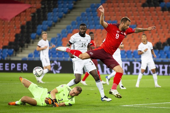 epa08651415 Germany&#039;s Bernd Leno, Germany&#039;s Antonio Ruediger and Switzerland&#039;s Haris Seferovic, from left, in action during the UEFA Nations League group 4 soccer match between Switzerl ...