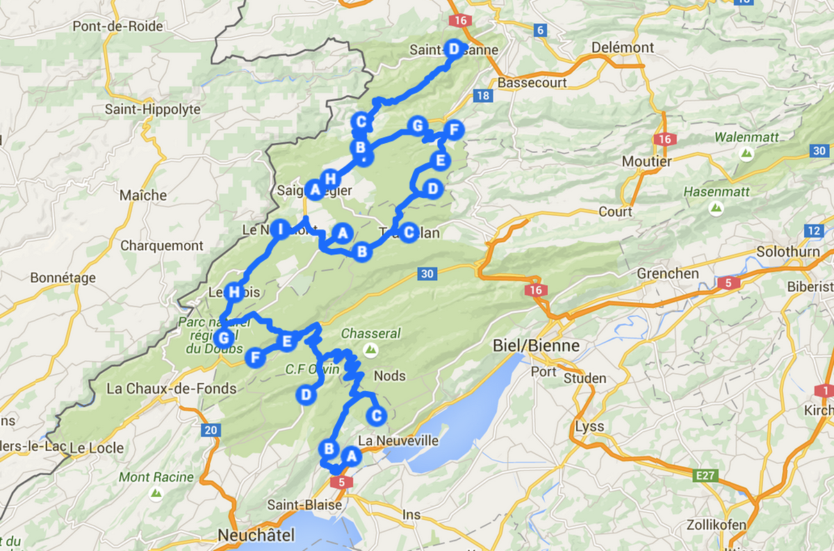 Die ungefähre Strecke der heutigen Etappe von Cressier NE nach St-Ursanne.