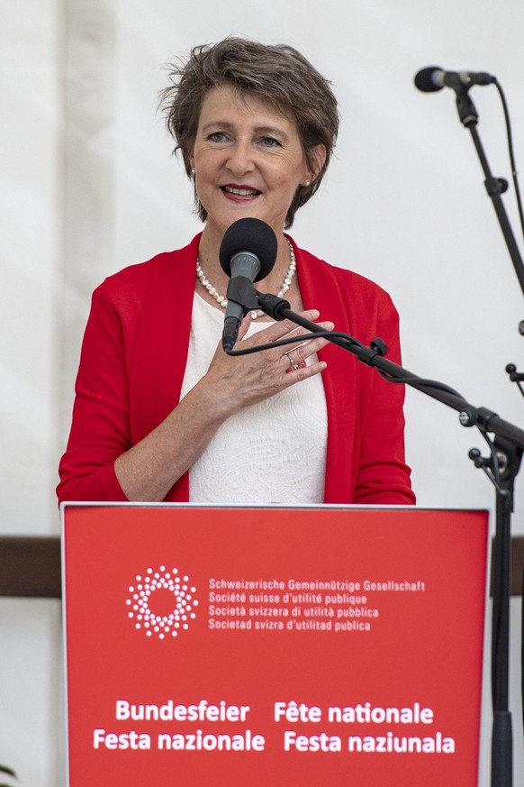 Bundespraesidentin Simonetta Sommaruga bei ihrer Rede waehrend der Bundesfeier auf dem Ruetli, am Samstag, 1. August 2020. (KEYSTONE/Urs Flueeler).