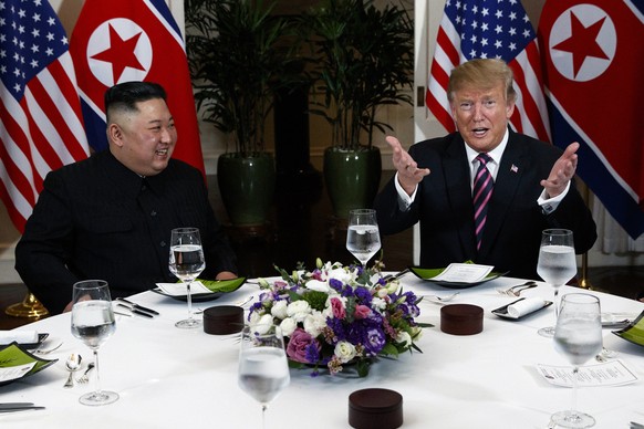 President Donald Trump speaks during a dinner with North Korean leader Kim Jong Un, Wednesday, Feb. 27, 2019, in Hanoi. (AP Photo/ Evan Vucci)