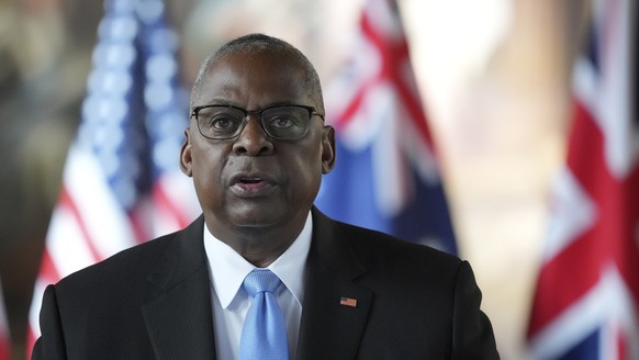 US Secretary of Defense Lloyd Austin speaks during the AUKUS Defence Ministers Meeting at Old Royal Naval College, Greenwich, London, Thursday, Sept. 26, 2024.(AP Photo/Kin Cheung, Pool)