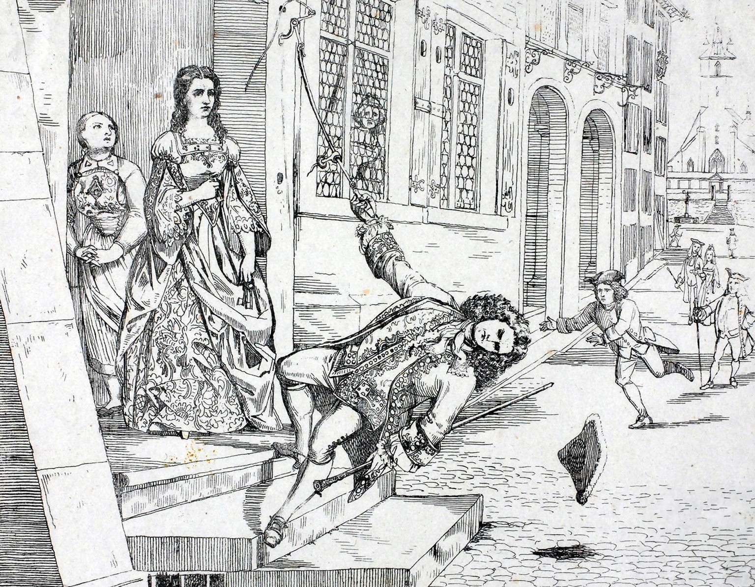 Peter Julius von Sury is beaten in front of the house of Anton Besenval's mother, Gertrud von Besenval.  Engraving around 1858. https://zbsolothurn.ch/sammlungen/historische-bestaende/grafiksammlung ...