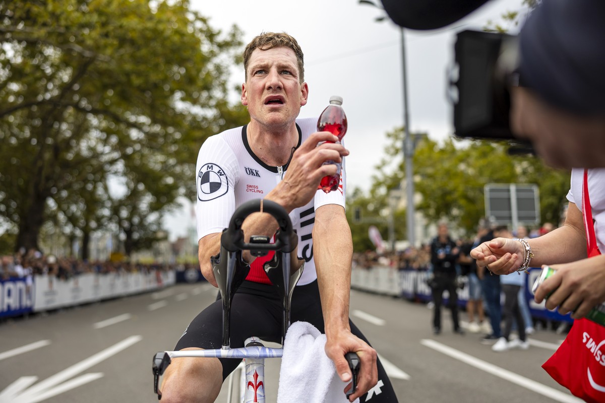 Stefan Kung of Switzerland reacts after the Men's Elite Individual Time Trial race at the 2024 UCI Road and Para-cycling Road World Championships in Zurich, Switzerland on Sunday, September 22, 2 ...