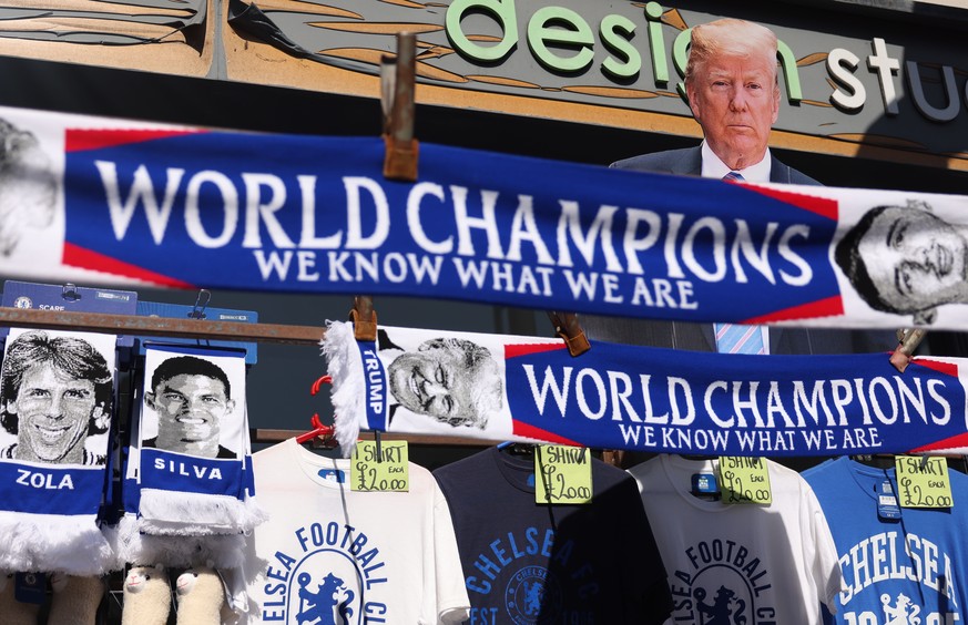 epa12306186 A cut-out of US President Donald Trump is displayed outside the stadium ahead of the English Premier League match between Chelsea FC and Crystal Palace, in London, Britain, 17 August 2025. ...