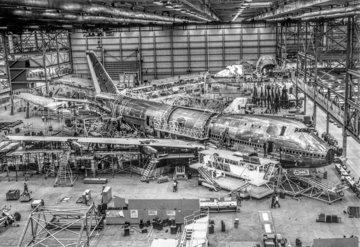 On 16 July 1968, the Boeing 747, among the world's largest commercial jetliners, takes shap at the company's plant in Everett, Washington, after the main section of the fuselage, wing and ta ...