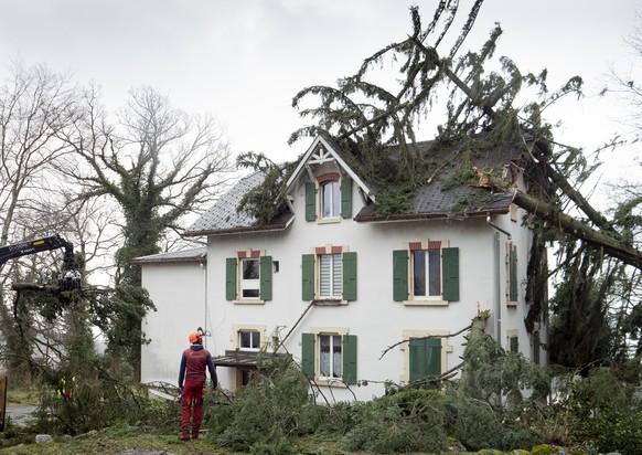 Trees have fallen on a house, in Montmollin, Val-de-Ruz, Switzerland, Monday, February 10, 2020. Severe warnings have been issued for Western and Northern Europe as storm Ciara (also known as Sabine in Germany, and Switzerland and Elsa in Norway) is bringing strong winds and heavy rains causing disruption of land and air traffic. Winter storm Ciara reached Switzerland last night. (KEYSTONE/Laurent Darbellay)