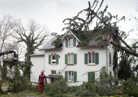 Trees have fallen on a house, in Montmollin, Val-de-Ruz, Switzerland, Monday, February 10, 2020. Severe warnings have been issued for Western and Northern Europe as storm Ciara (also known as Sabine i ...