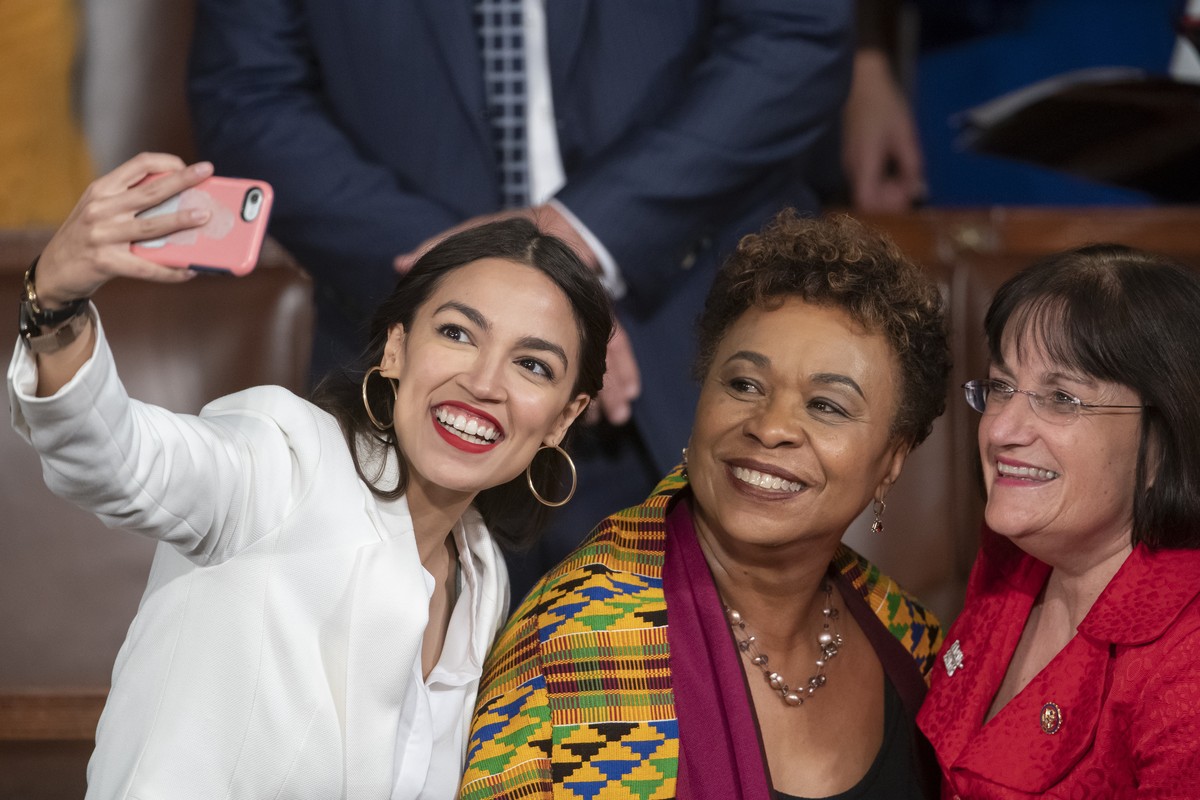 Rep.-elect Alexandria Ocasio-Cortez, a freshman Democrat representing New York's 14th Congressional District, takes a selfie with Rep. Ann McLane Kuster, D-NH, and Rep. Barbara Lee, D-Calif., on  ...