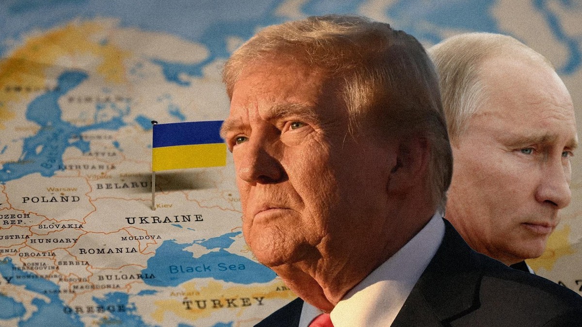 Donald Trump et Vladimir Poutine dos à dos avec pour fond une carte de l'Europe d'où ressort un drapeau Ukrainien.