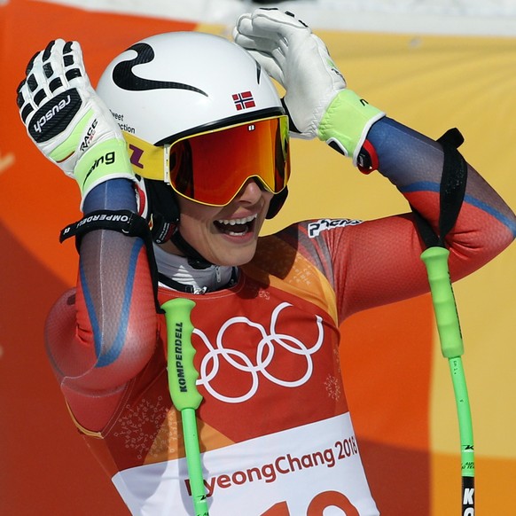 Norway&#039;s Ragnhild Mowinckel reacts in the finish area after competing in the women&#039;s downhill at the 2018 Winter Olympics in Jeongseon, South Korea, Wednesday, Feb. 21, 2018. (AP Photo/Chris ...