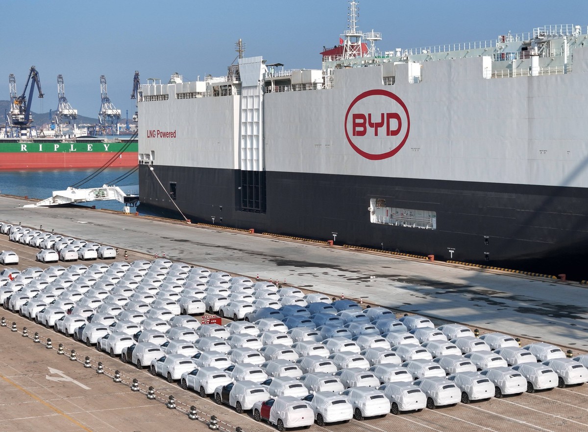 BYD Explorer No. 1 Car Carrier The BYD Explorer No. 1 car carrier is being loaded with new energy vehicles for export at the port of Yantai, Shandong Province, China, on January 10, 2024. Yantai Shand ...