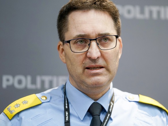 epa09522916 Chief of Police Ole Bredrup Sæverud speaks during a press conference one day after an attack in Kongsberg, Norway, 14 October 2021. Five people confirmed dead in an attack on 13 October wi ...