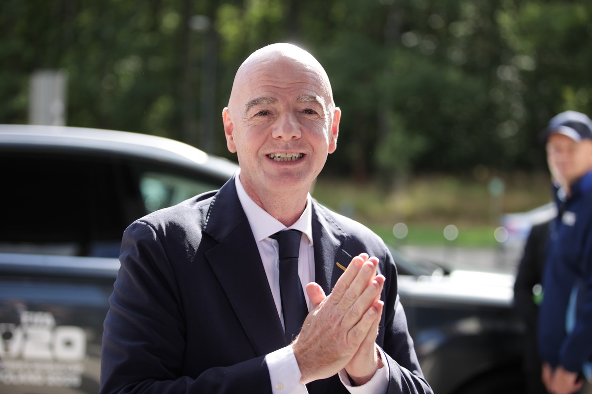 epa13215592 FIFA President Gianni Infantino gestures as attends the FIFA U-20 Women's World Cup group A soccer match between Poland and Argentina in Katowice, Poland, 05 September 2026. EPA/Jarek ...