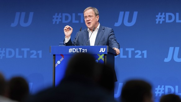 Armin Laschet, CDU Federal Chairman and Minister President of North Rhine-Westphalia, speaks at the &#039;Junge Union&#039;s Germany Day in Muenster, Germany, Saturday, Oct. 16, 2021. The leader of ou ...