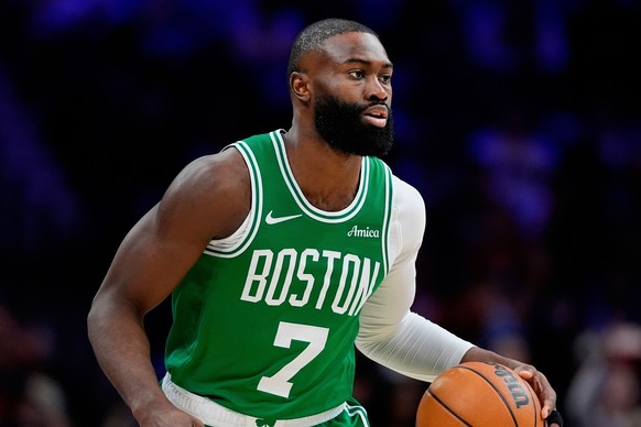 FILE - Boston Celtics' Jaylen Brown plays during Game 6 in a first-round NBA basketball playoff series Thursday, April 30, 2026, in Philadelphia. (AP Photo/Matt Slocum,File)
Jaylen Brown