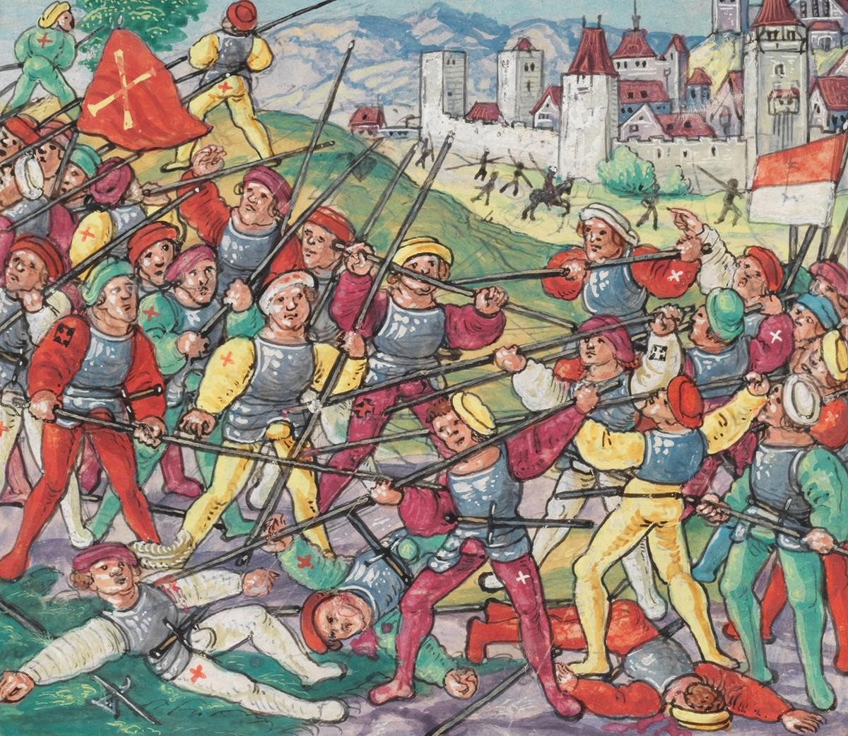 Die Luzerner, Berner und Solothurner schlagen im Bruderholz bei Basel einen österreichischen Verband.
https://www.e-codices.ch/fr/kol/S0023-2/362
