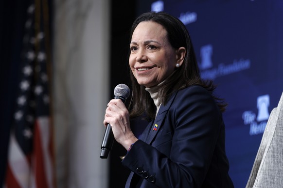 epaselect epa12654020 Venezuelan opposition leader Maria Corina Machado delivers remarks at the Heritage Foundation, Washington, DC, USA, 16 January 2026. EPA/WILL OLIVER