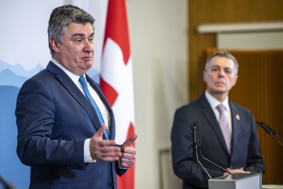 President of Croatia Zoran Milanovic, left, and Switzerland&#039;s President and head of the Federal Department of Foreign Affairs Ignazio Cassis, right, speaks during a press briefing at the Uni Dufo ...