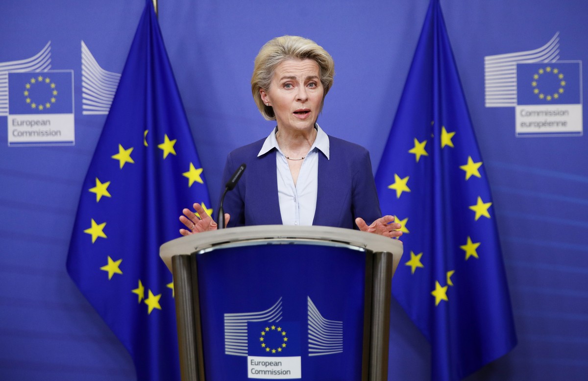 European Commission President Ursula von der Leyen delivers a statement on Ukraine at EU headquarters in Brussels, Tuesday, Feb. 22, 2022. World leaders are getting over the shock of Russian President ...