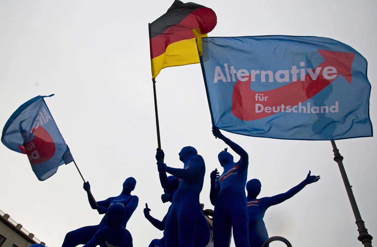 Supporters of the Eurosceptic Alternative for Germany (AfD) party wear morph suits and wave flags during an event to rally support for Sunday's European Parliament elections at the Brandenburg Ga ...