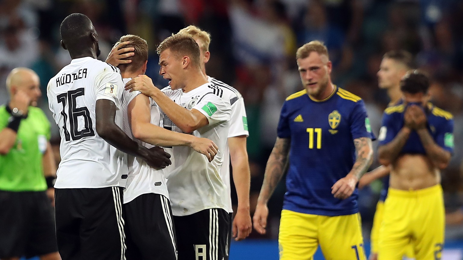 epa06834783 Players react after the FIFA World Cup 2018 group F preliminary round soccer match between Germany and Sweden in Sochi, Russia, 23 June 2018.

(RESTRICTIONS APPLY: Editorial Use Only, no ...