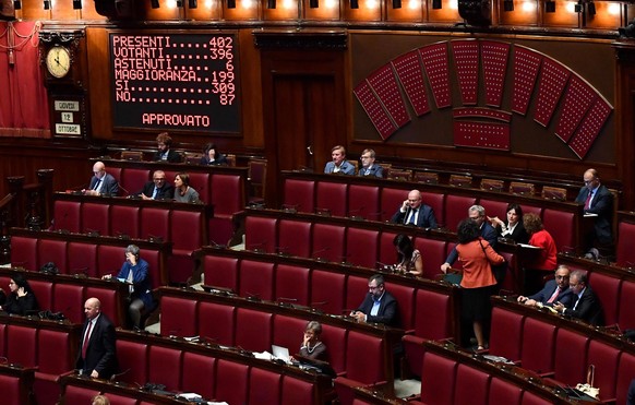 Members of the Italian Parliament sit in the lower chamber after voting on a proposed election law that aims at encouraging coalition-building, especially among smaller parties, in Rome, Wednesday, Oc ...