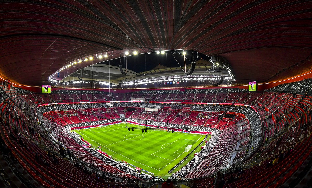 epa09612859 A general view of the Al Bayt Stadium stadium prior to the FIFA Arab Cup group A soccer match between Qatar and Bahrain in Al Khor, Qatar, 30 November 2021. EPA/Noushad Thekkayil