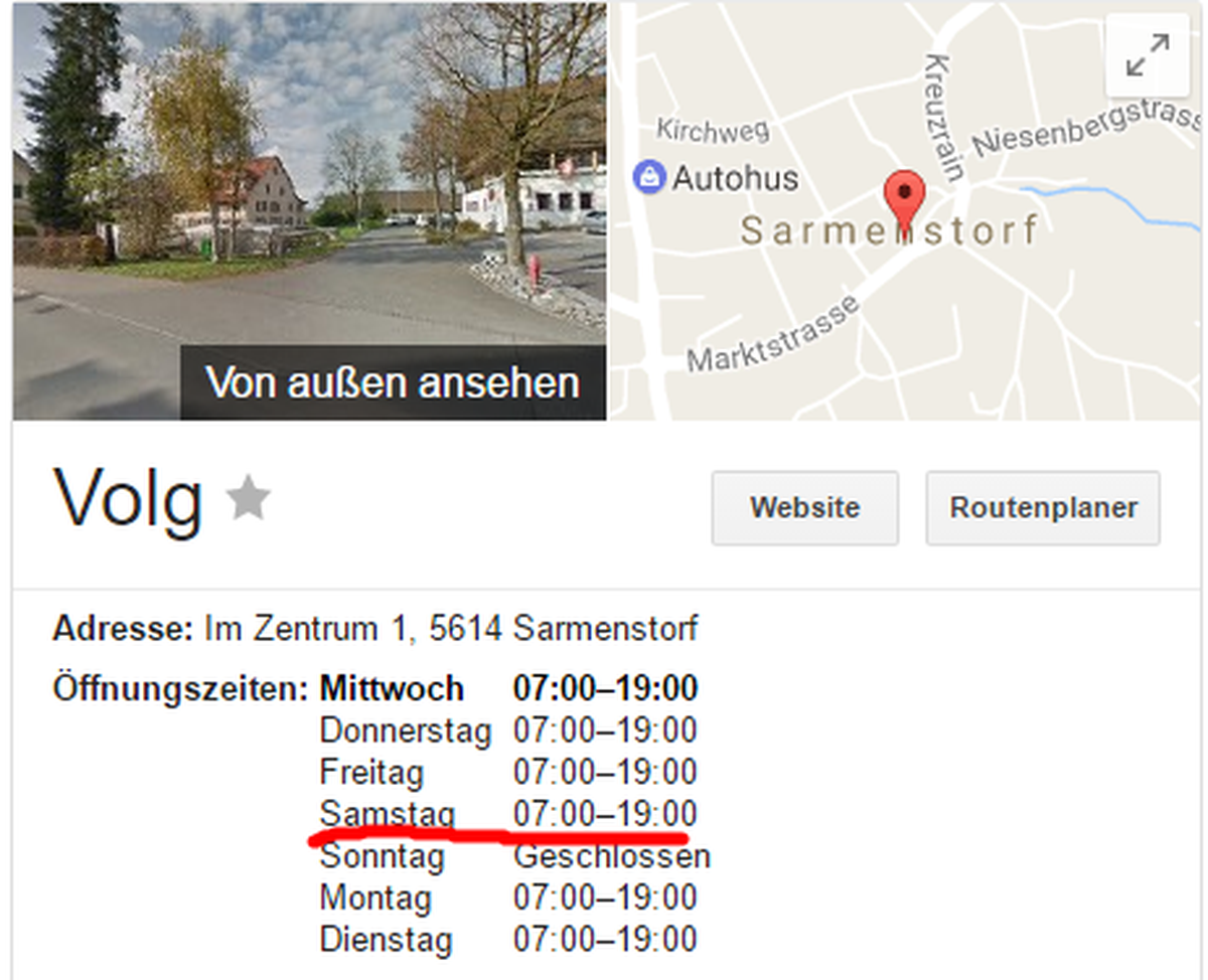 Der Volg in Sarmenstorf AG hat plötzlich am Samstag von 7 bis 19 Uhr geöffnet. Tatsächlich schliesst er bereits um 17 Uhr.