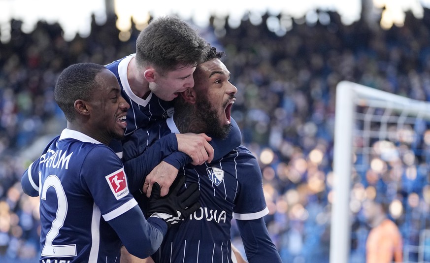 Bochum&#039;s Juergen Locadia celebrates after scoring his side&#039;s second goal with a penalty during the German Bundesliga soccer match between VfL Bochum and Bayern Munich in Bochum, Germany, Sat ...