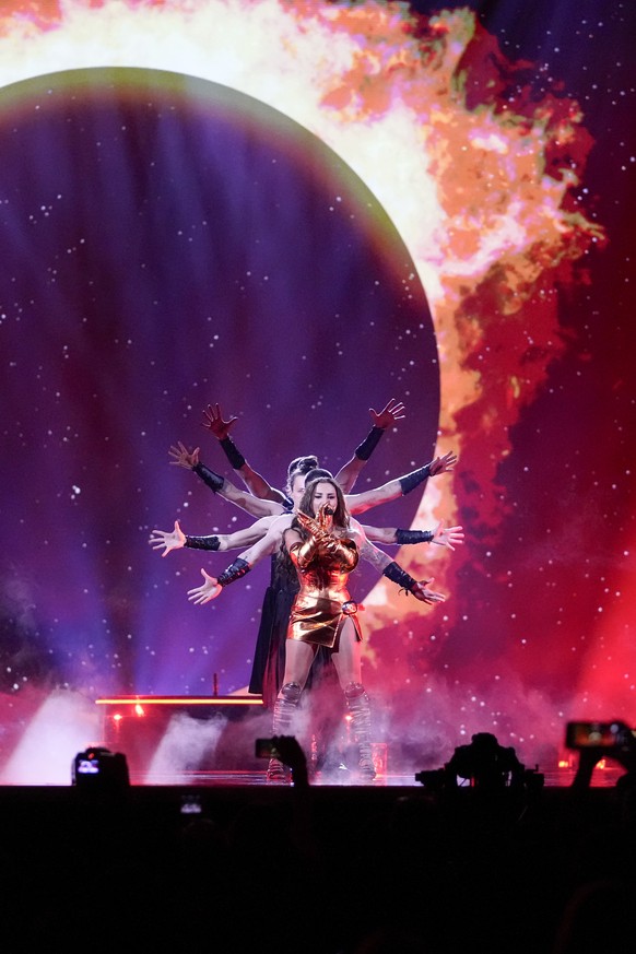 Nutsa Buzaladze of Georgia performs the song Firefighter during the dress rehearsal for the second semi-final at the Eurovision Song Contest in Malmo, Sweden, Wednesday, May 8, 2024. (AP Photo/Martin  ...