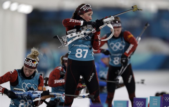 Switzerland&#039;s Aita Gasparin holds her rifle during a biathlon training session, at the 2018 Winter Olympics in Pyeongchang, South Korea, Monday, Feb. 19, 2018. (AP Photo/Andrew Medichini)