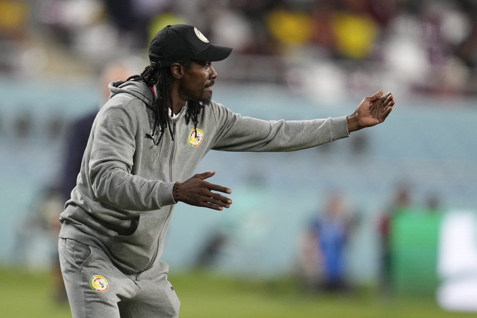 Senegal&#039;s head coach Aliou Cisse directs his players during the World Cup group A soccer match between Ecuador and Senegal, at the Khalifa International Stadium in Doha, Qatar, Tuesday, Nov. 29,  ...