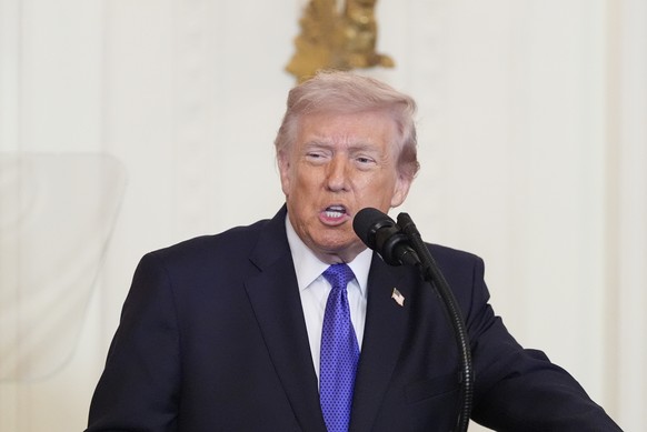 President Donald Trump speaks about Iran before a Medal of Honor ceremony in the East Room of the White House, Monday, March 2, 2026, in Washington. (AP Photo/Alex Brandon)
Donald Trump