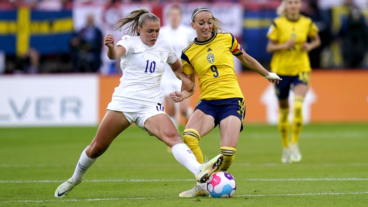 England v Sweden - UEFA Women s Euro 2022 - Semi Final - Bramall Lane England s Georgia Stanway left and Sweden s Kosovare Asllani battle for the ball during the UEFA Women s Euro 2022 semi-final matc ...