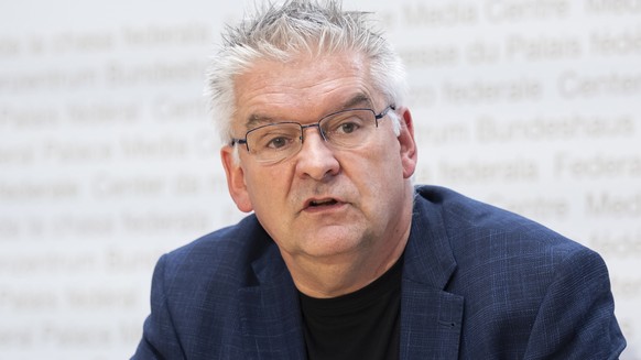 Denis de la Reussille, Nationalrat PdA-NE, spricht waehrend einer Medienkonferenz zu den Wahlen 2023, am Mittwoch, 13. September, 2023 in Bern. (KEYSTONE/Peter Klaunzer)