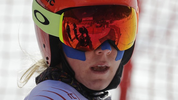 Mikaela Shiffrin of the United States with her face covered in tape as protection from the cold during an inspection of the giant slalom course at the Yongpyong Alpine Center at the 2018 Winter Olympi ...