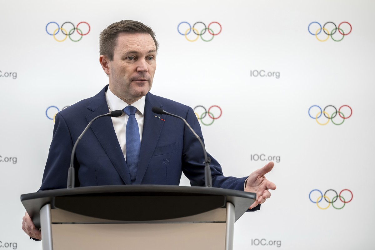 Candidate to the presidency of the International Olympic Committee (IOC) France's David Lappartient speaks during a press conference following a presentation before their fellow IOC members in La ...