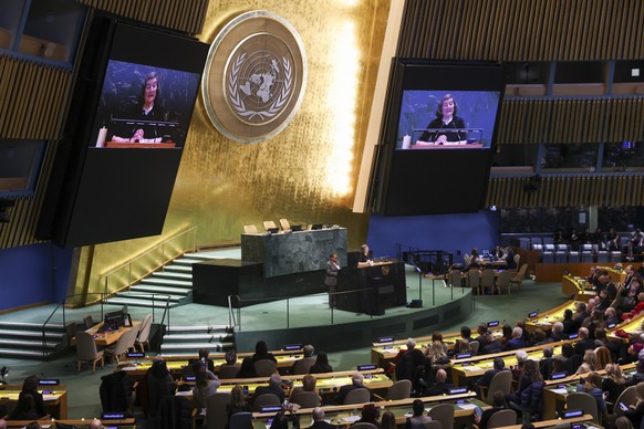 epa12685602 Holocaust survivor Evelyn Konrad speaks during the United Nations' observance of the International Day of Commemoration in memory of the victims of the Holocaust at UN Headquarters in ...