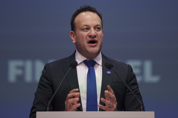 FILE - Irish Prime Minister Leo Varadkar speaks at the EPP Congress in Bucharest, Romania, Thursday, March 7, 2024. Irish Prime Minister Leo Varadkar says he will step down as leader of the country as ...